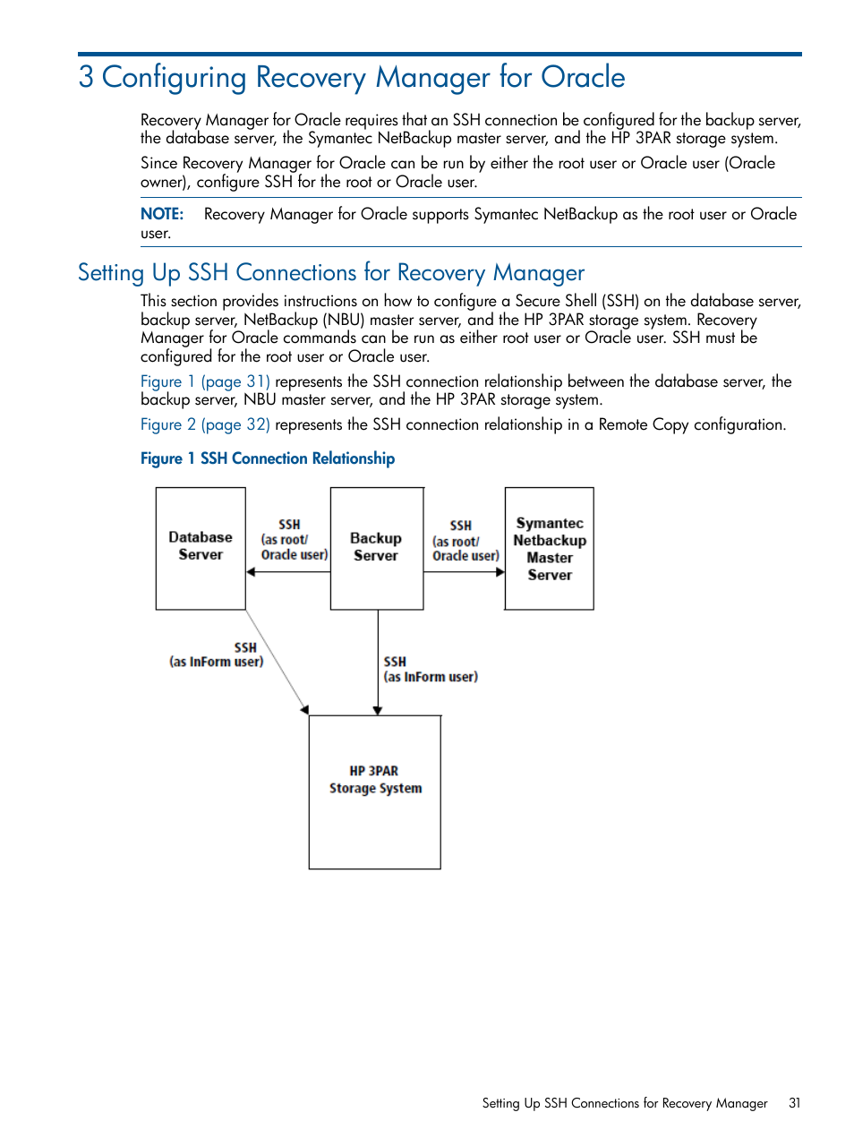 3 configuring recovery manager for oracle, Setting up ssh connections for recovery manager | HP 3PAR Application Software Suite for Oracle User Manual | Page 31 / 194