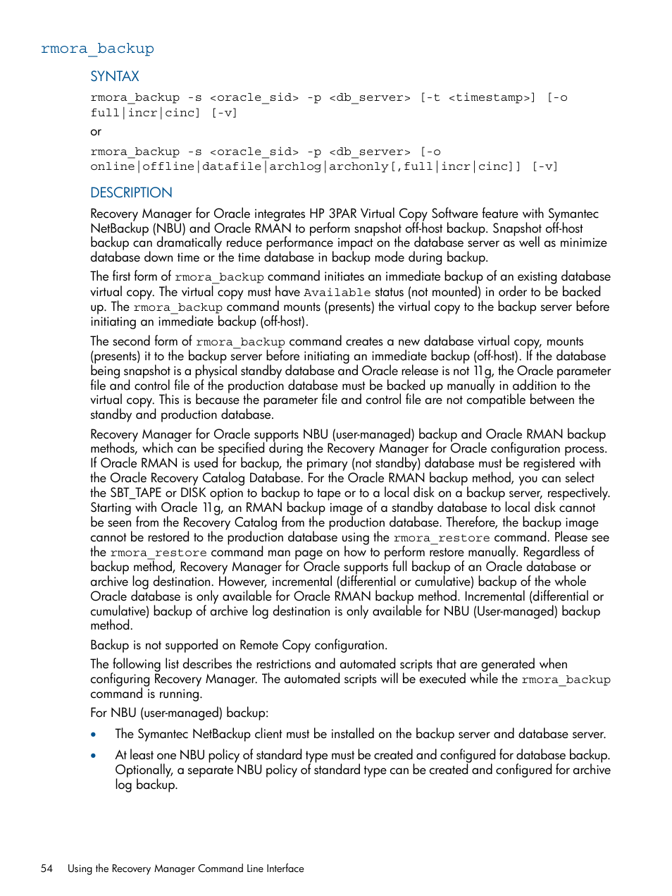 Rmora_backup | HP 3PAR Application Software Suite for Oracle User Manual | Page 54 / 194