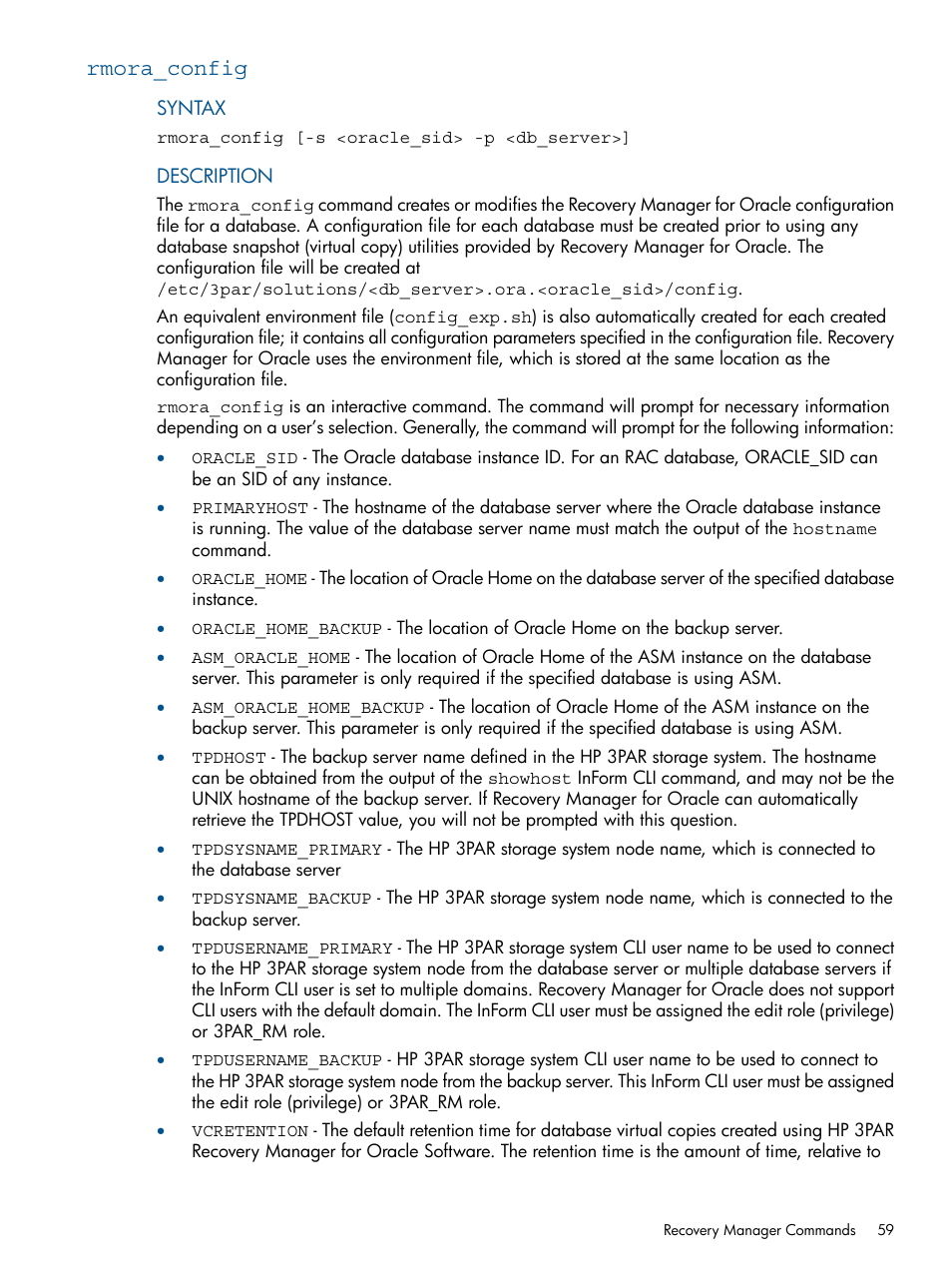 Rmora_config | HP 3PAR Application Software Suite for Oracle User Manual | Page 59 / 194