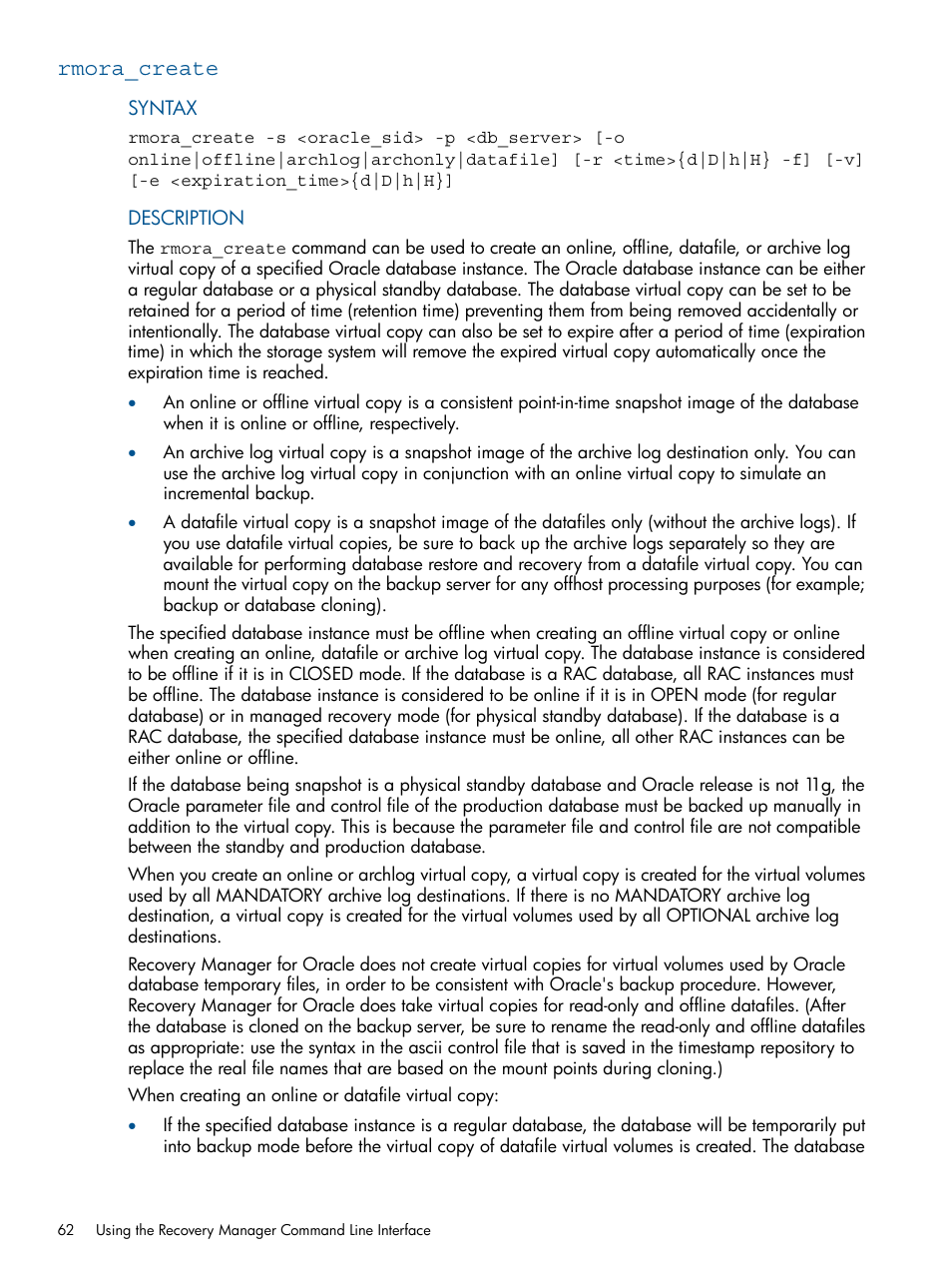 Rmora_create | HP 3PAR Application Software Suite for Oracle User Manual | Page 62 / 194