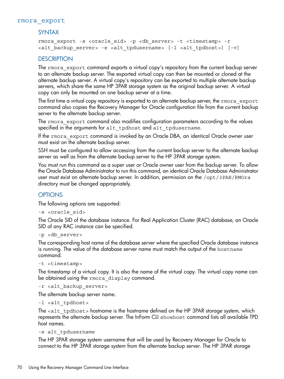 Rmora_export | HP 3PAR Application Software Suite for Oracle User Manual | Page 70 / 194