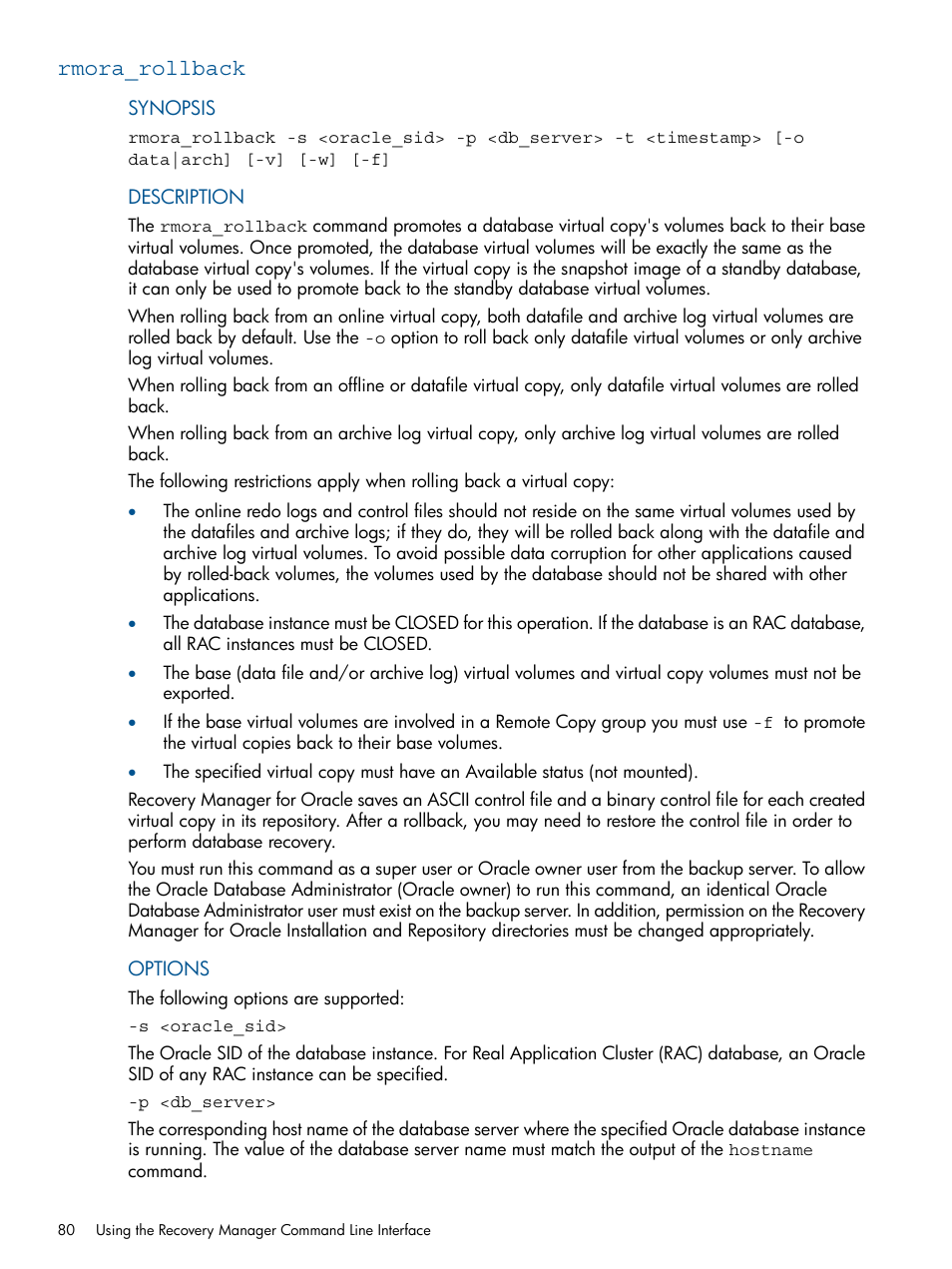 Rmora_rollback | HP 3PAR Application Software Suite for Oracle User Manual | Page 80 / 194