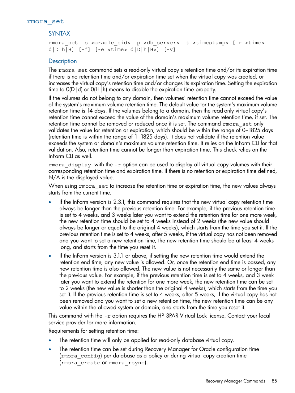 Rmora_set | HP 3PAR Application Software Suite for Oracle User Manual | Page 85 / 194