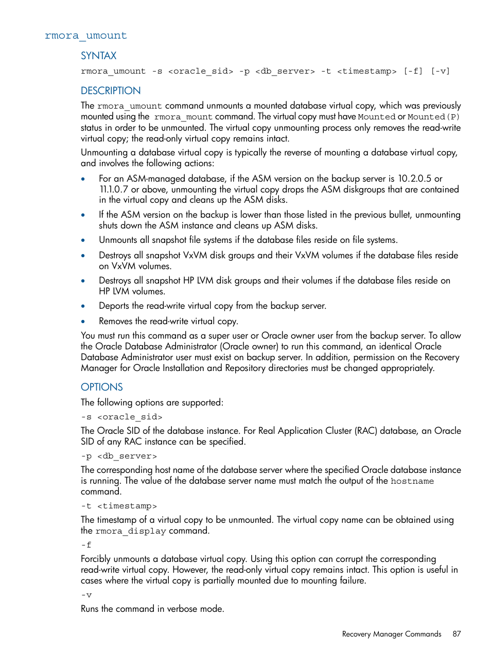 Rmora_umount | HP 3PAR Application Software Suite for Oracle User Manual | Page 87 / 194