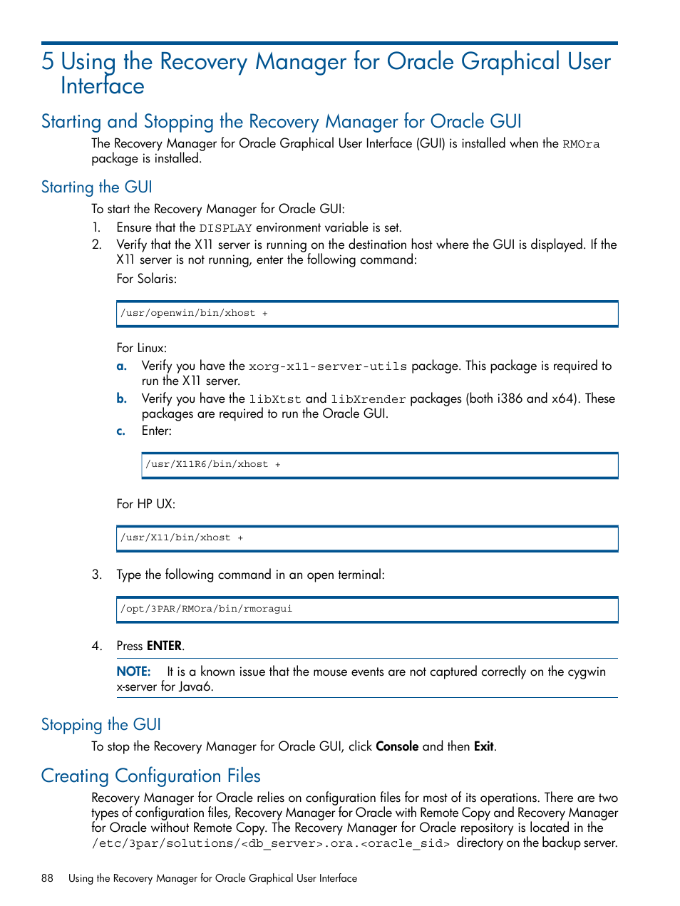 Starting the gui, Stopping the gui, Creating configuration files | Starting the gui stopping the gui | HP 3PAR Application Software Suite for Oracle User Manual | Page 88 / 194