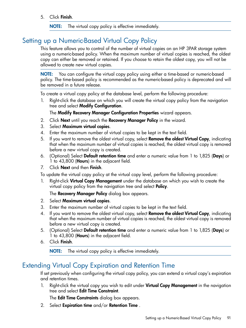 Setting up a numeric-based virtual copy policy | HP 3PAR Application Software Suite for Oracle User Manual | Page 91 / 194