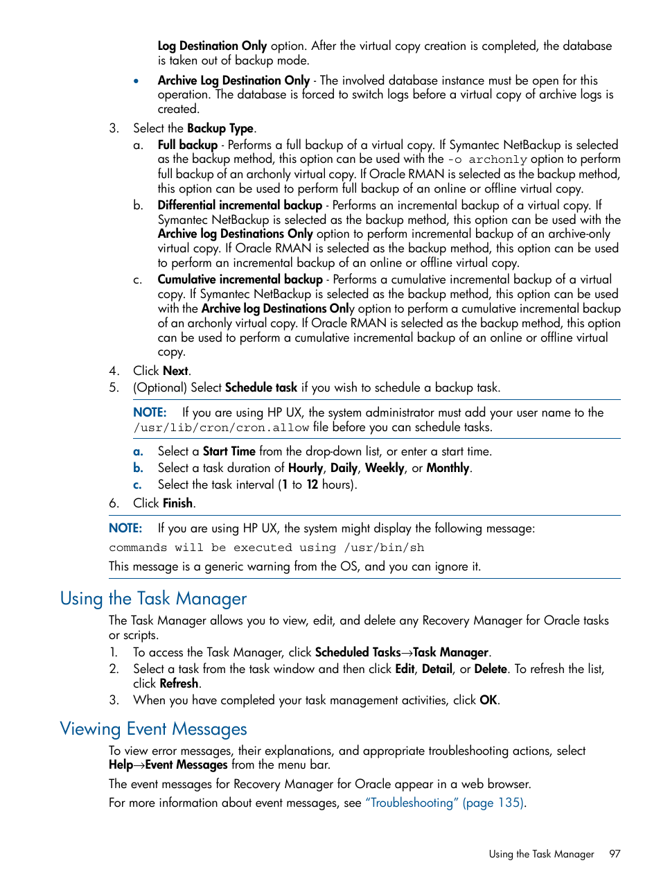 Using the task manager, Viewing event messages, Using the task manager viewing event messages | HP 3PAR Application Software Suite for Oracle User Manual | Page 97 / 194