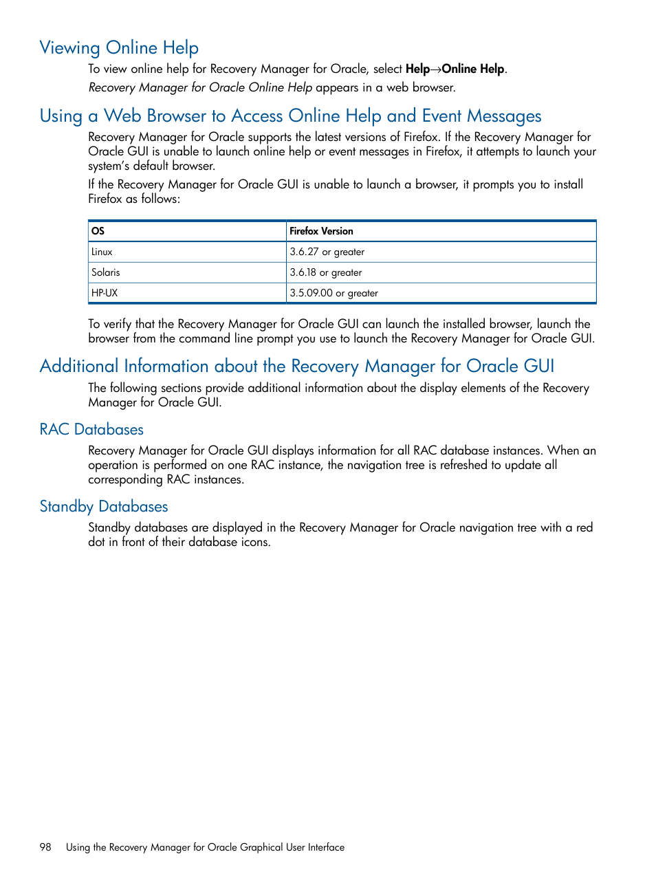 Viewing online help, Rac databases, Standby databases | Rac databases standby databases | HP 3PAR Application Software Suite for Oracle User Manual | Page 98 / 194