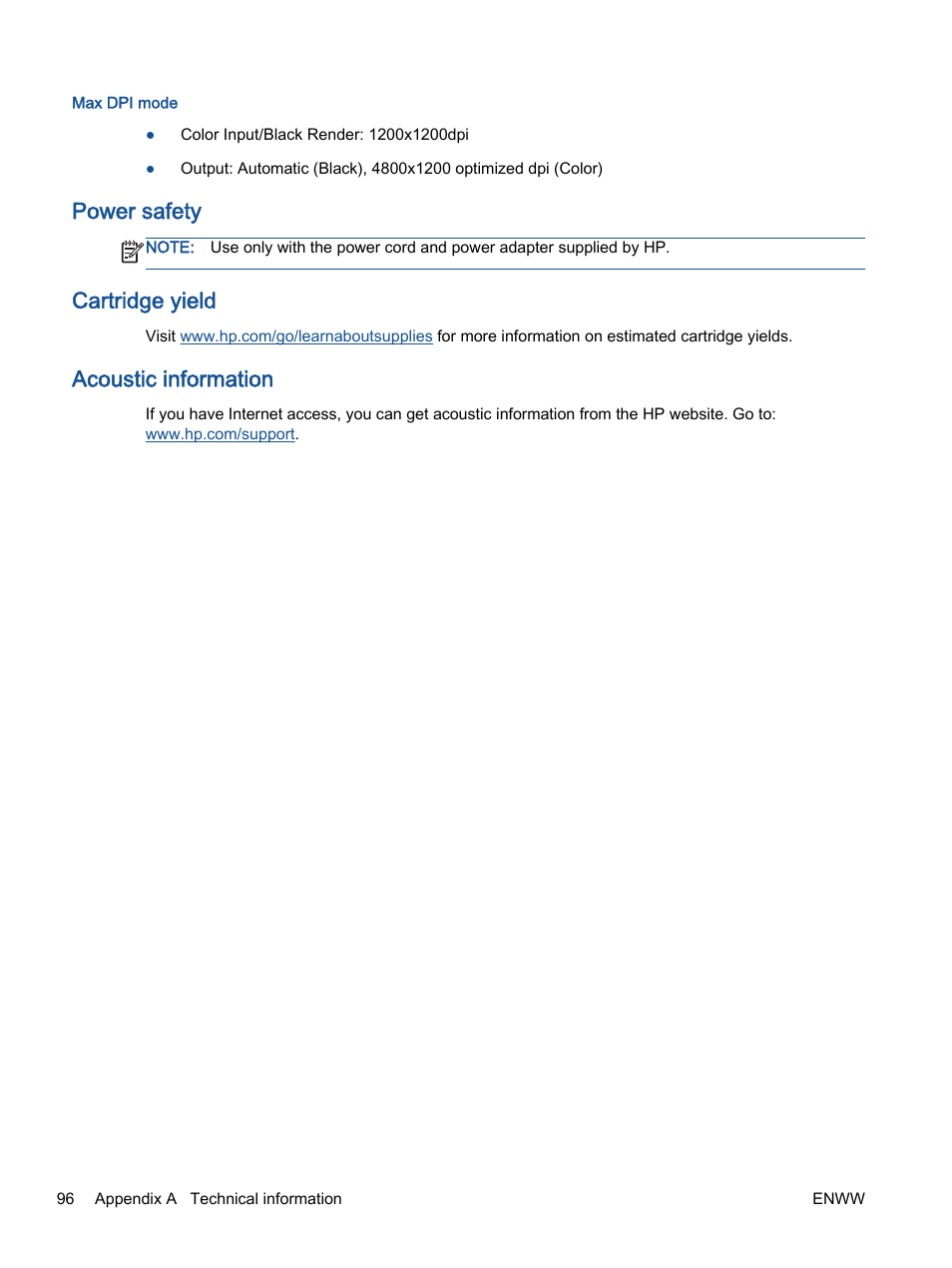 Power safety, Cartridge yield, Acoustic information | HP Officejet 2621 All-in-One Printer User Manual | Page 100 / 140