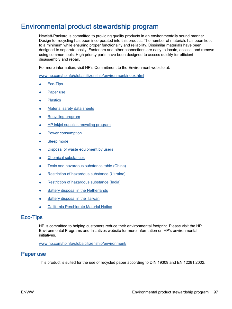 Environmental product stewardship program, Eco-tips, Paper use | HP Officejet 2621 All-in-One Printer User Manual | Page 101 / 140