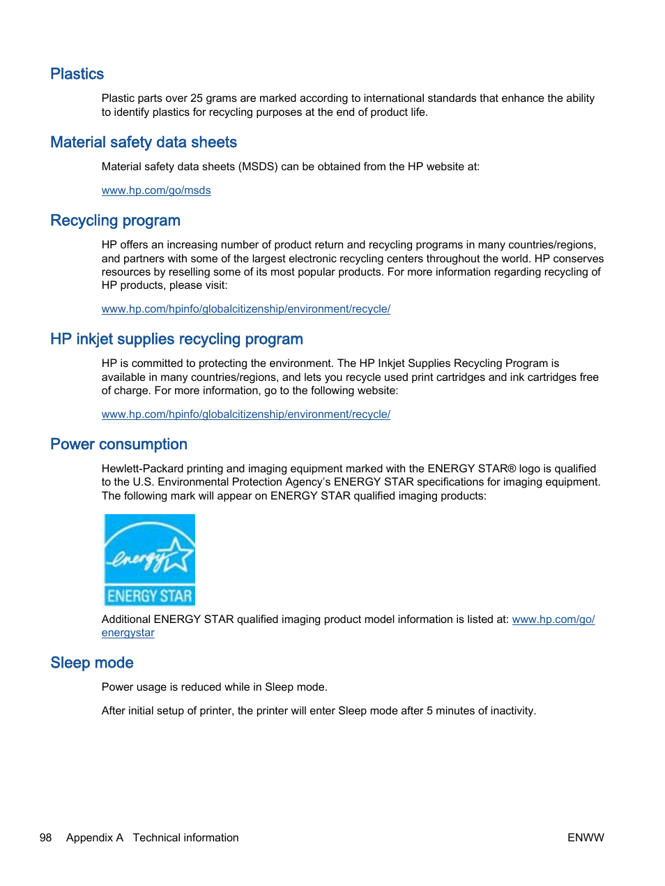 Plastics, Material safety data sheets, Recycling program | Hp inkjet supplies recycling program, Power consumption, Sleep mode | HP Officejet 2621 All-in-One Printer User Manual | Page 102 / 140