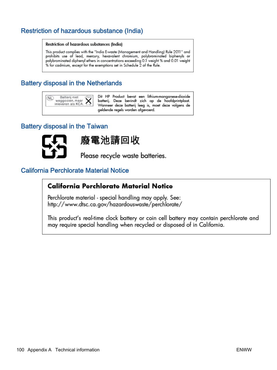 Restriction of hazardous substance (india), Battery disposal in the netherlands, Battery disposal in the taiwan | California perchlorate material notice | HP Officejet 2621 All-in-One Printer User Manual | Page 104 / 140