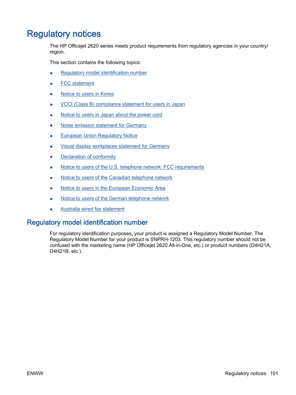 Regulatory notices, Regulatory model identification number | HP Officejet 2621 All-in-One Printer User Manual | Page 105 / 140