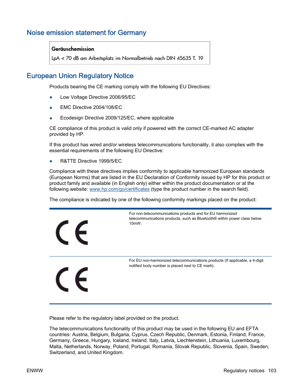 Noise emission statement for germany, European union regulatory notice | HP Officejet 2621 All-in-One Printer User Manual | Page 107 / 140