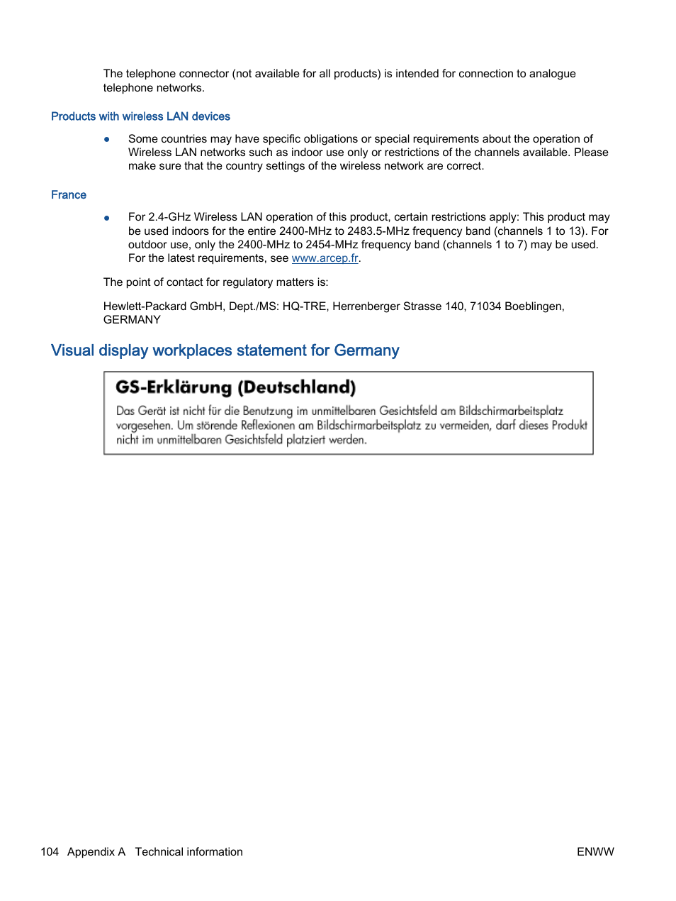 Visual display workplaces statement for germany | HP Officejet 2621 All-in-One Printer User Manual | Page 108 / 140