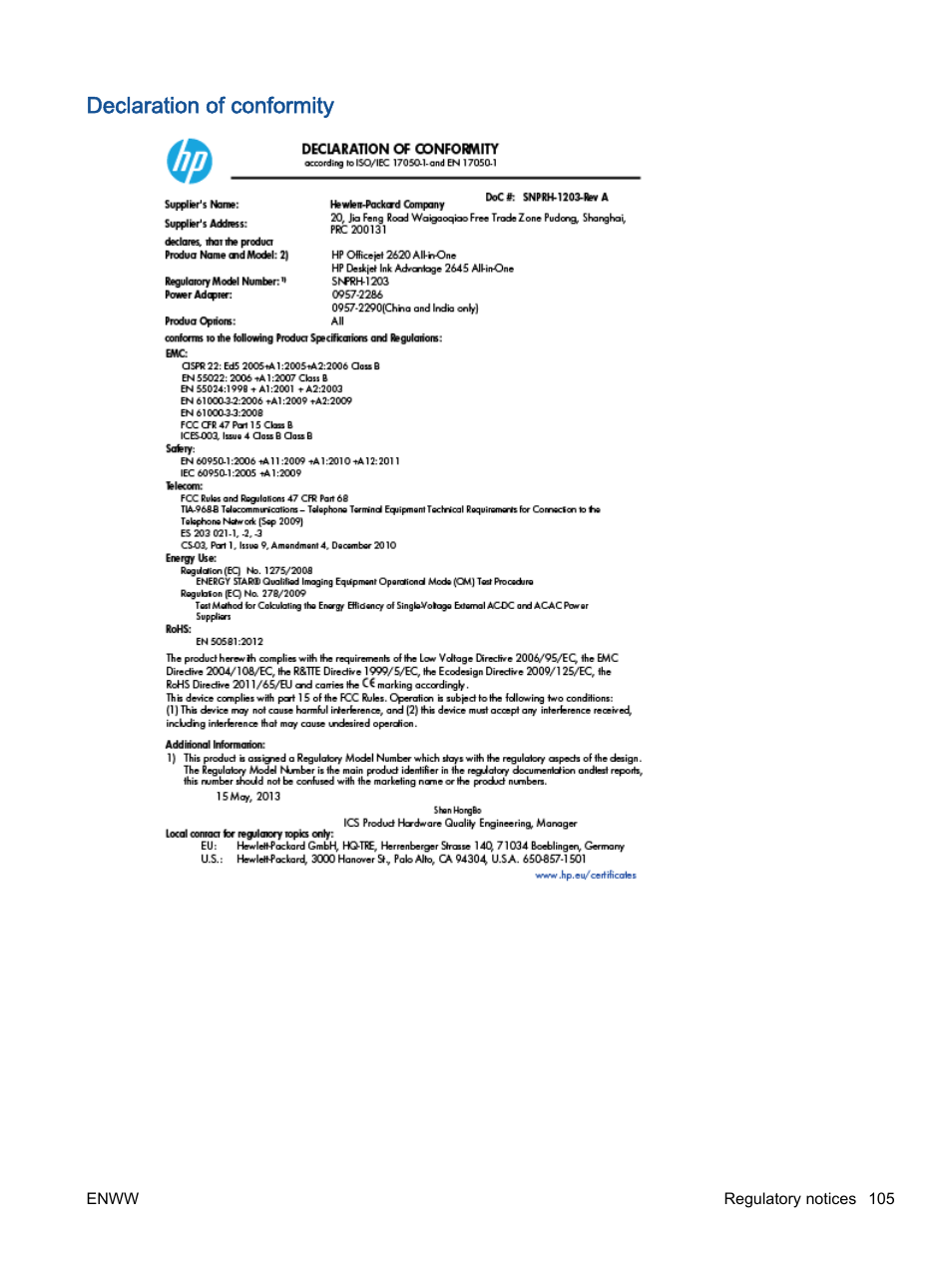 Declaration of conformity | HP Officejet 2621 All-in-One Printer User Manual | Page 109 / 140