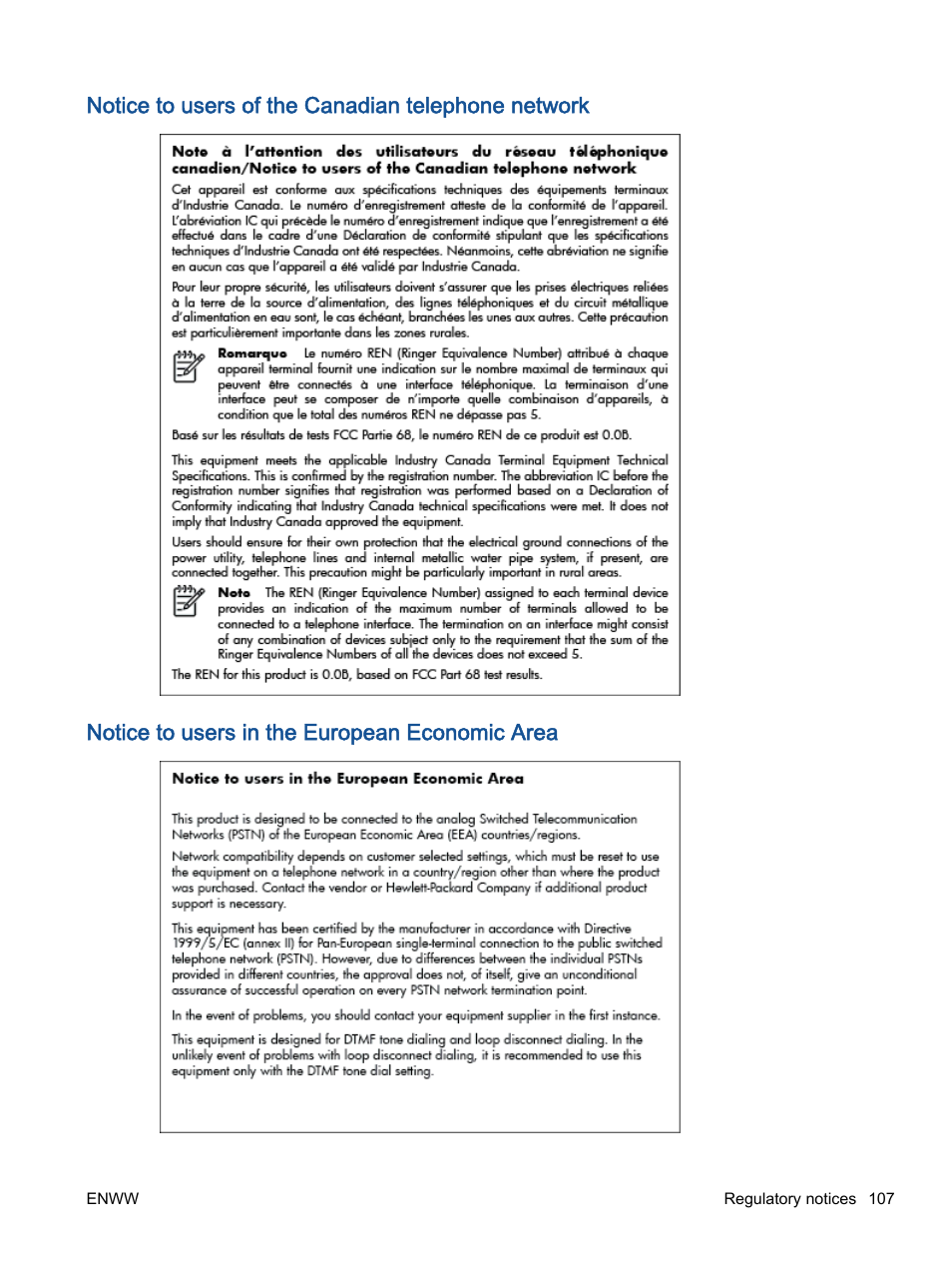 Notice to users of the canadian telephone network, Notice to users in the european economic area | HP Officejet 2621 All-in-One Printer User Manual | Page 111 / 140