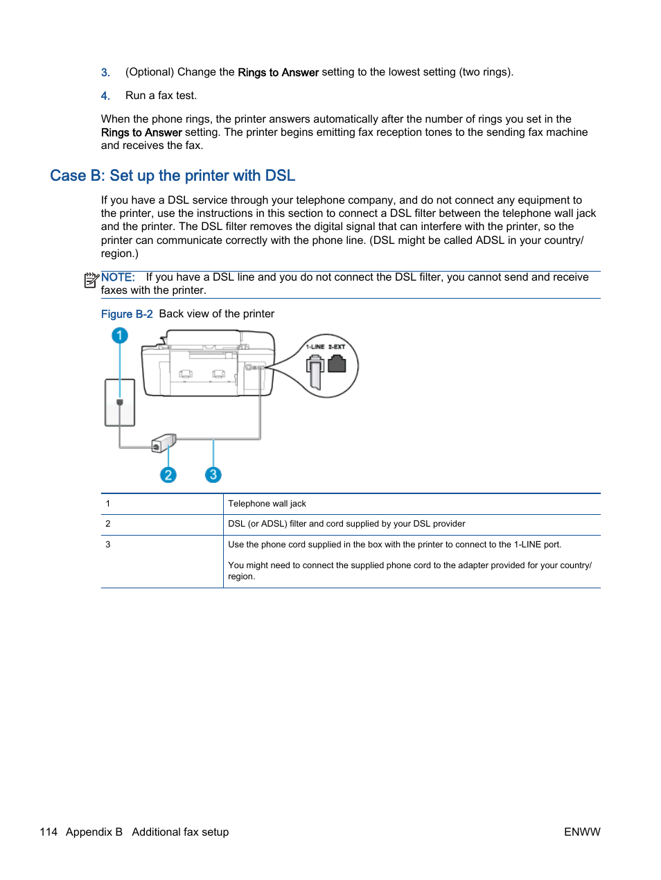 Case b: set up the printer with dsl, Case b: set up the printer | HP Officejet 2621 All-in-One Printer User Manual | Page 118 / 140