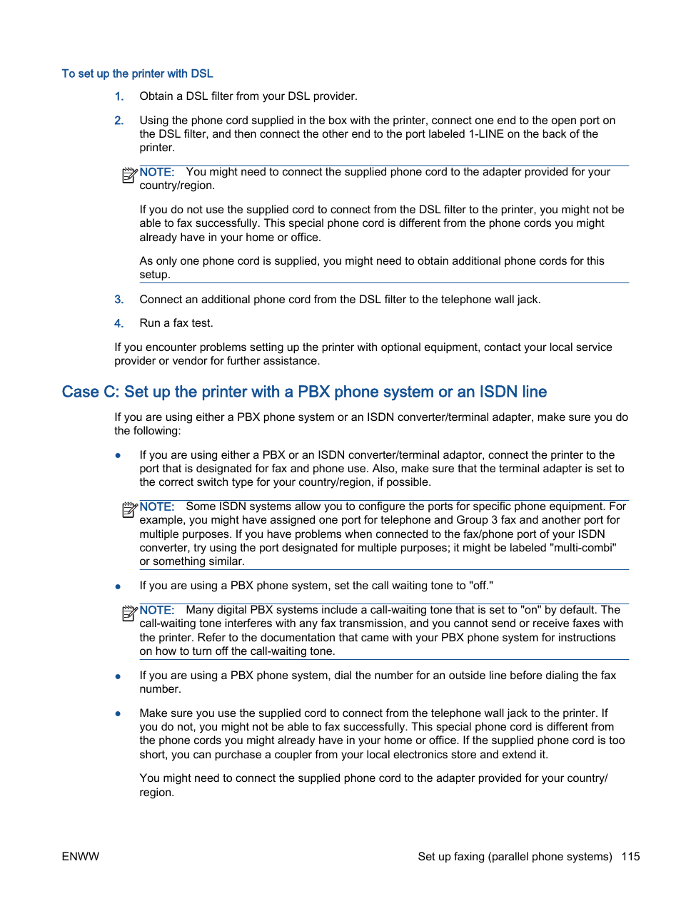 Case c: set up the printer, With a pbx phone system, Or an isdn line | HP Officejet 2621 All-in-One Printer User Manual | Page 119 / 140