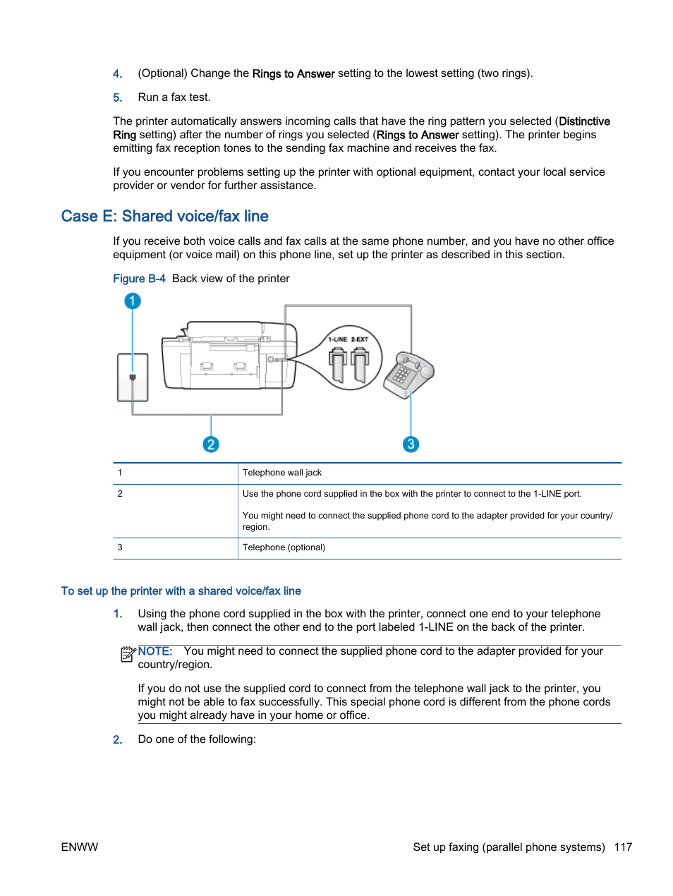 Case e: shared voice/fax line, Case e: shared voice/fax | HP Officejet 2621 All-in-One Printer User Manual | Page 121 / 140