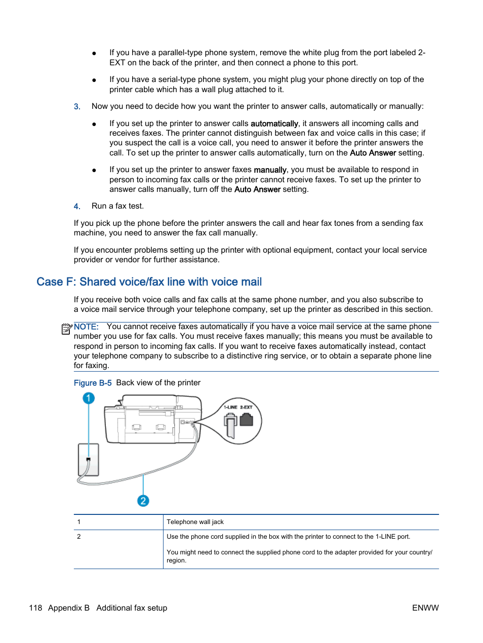 Case f: shared voice/fax line with voice mail, Case f: shared voice/fax, Line with voice mail | HP Officejet 2621 All-in-One Printer User Manual | Page 122 / 140