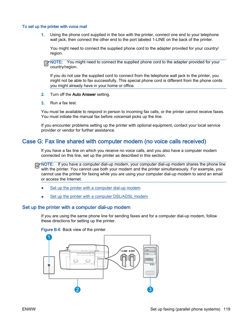 Set up the printer with a computer dial-up modem, Case g: fax line shared, With computer modem (no | Voice calls received) | HP Officejet 2621 All-in-One Printer User Manual | Page 123 / 140