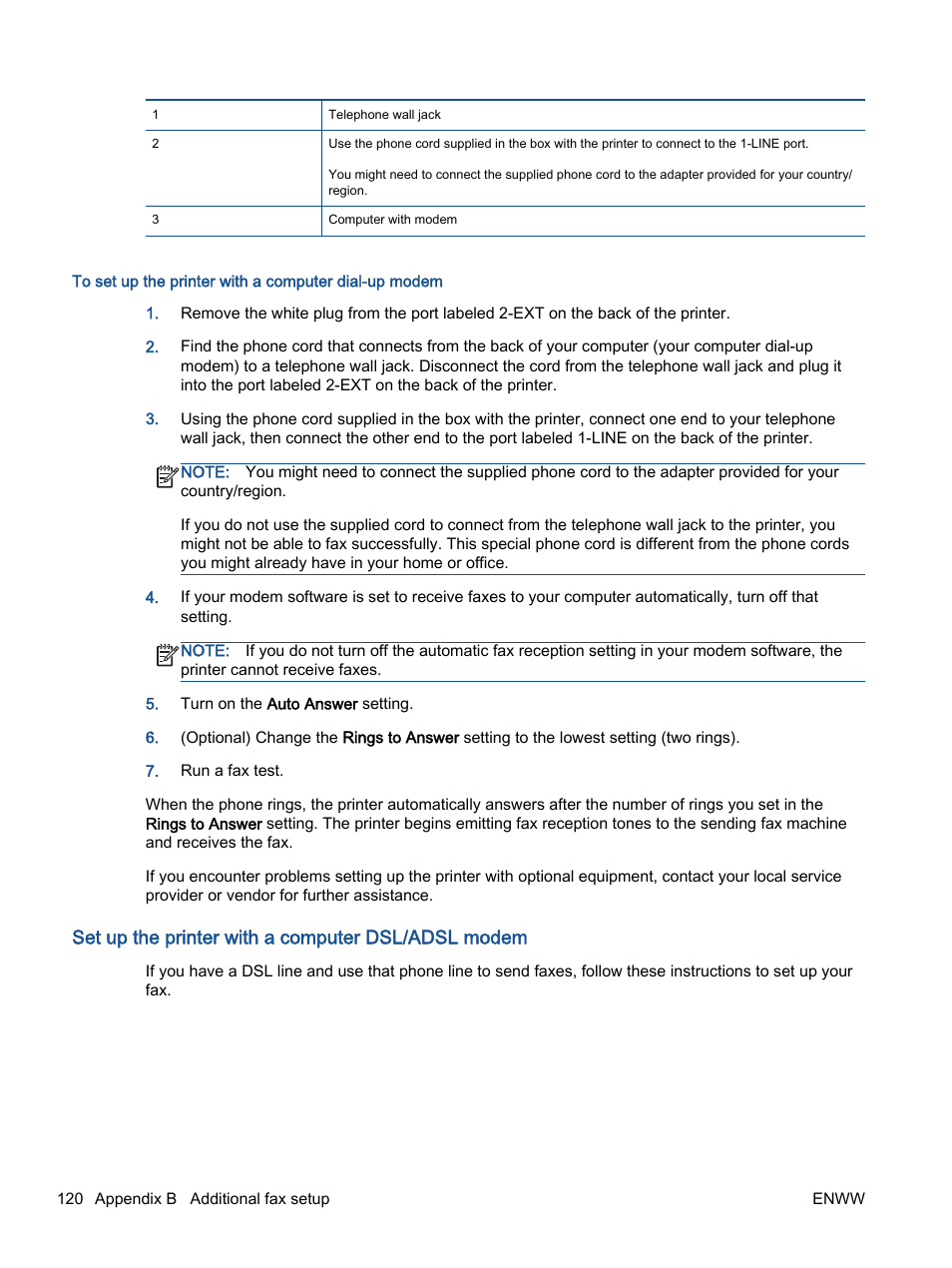 Set up the printer with a computer dsl/adsl modem | HP Officejet 2621 All-in-One Printer User Manual | Page 124 / 140