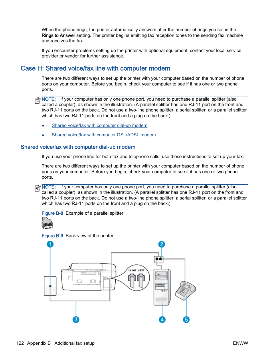 Case h: shared voice/fax line with computer modem, Shared voice/fax with computer dial-up modem, Case h: shared voice/fax | Line with computer modem | HP Officejet 2621 All-in-One Printer User Manual | Page 126 / 140