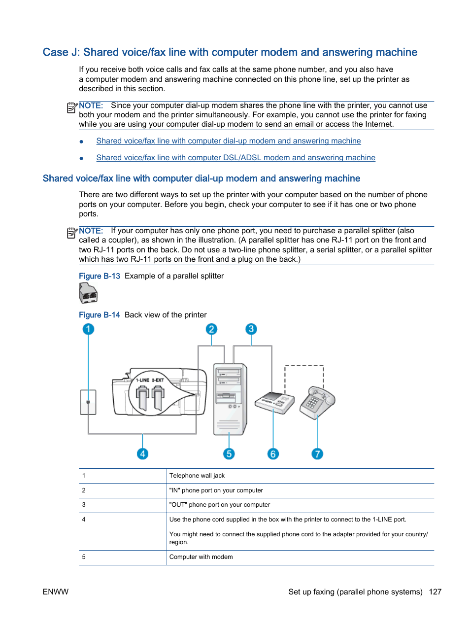 Case j: shared voice/fax, Line with computer modem, And answering machine | HP Officejet 2621 All-in-One Printer User Manual | Page 131 / 140