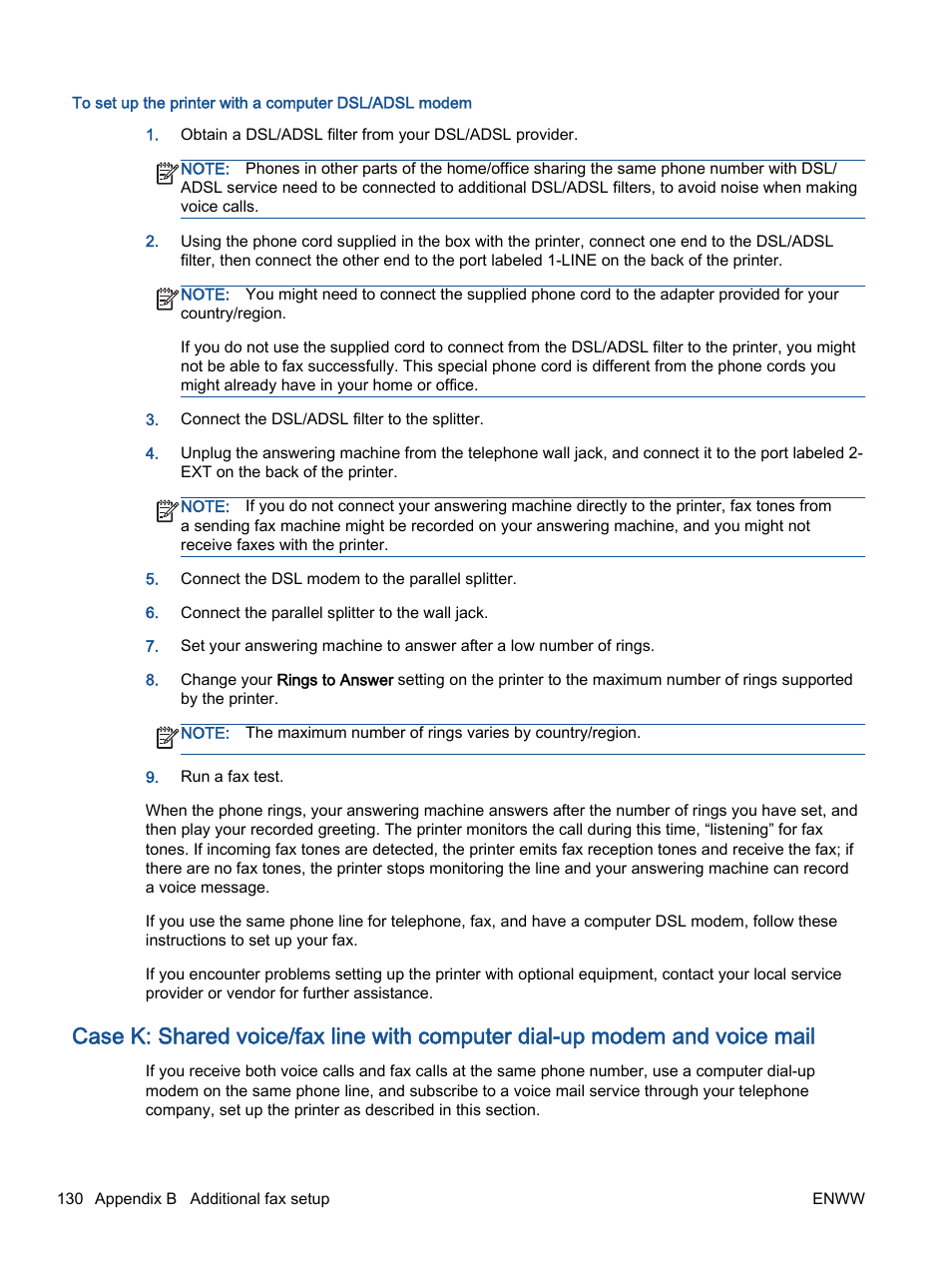 Case k: shared voice/fax, Line with computer dial-up, Modem and voice mail | HP Officejet 2621 All-in-One Printer User Manual | Page 134 / 140