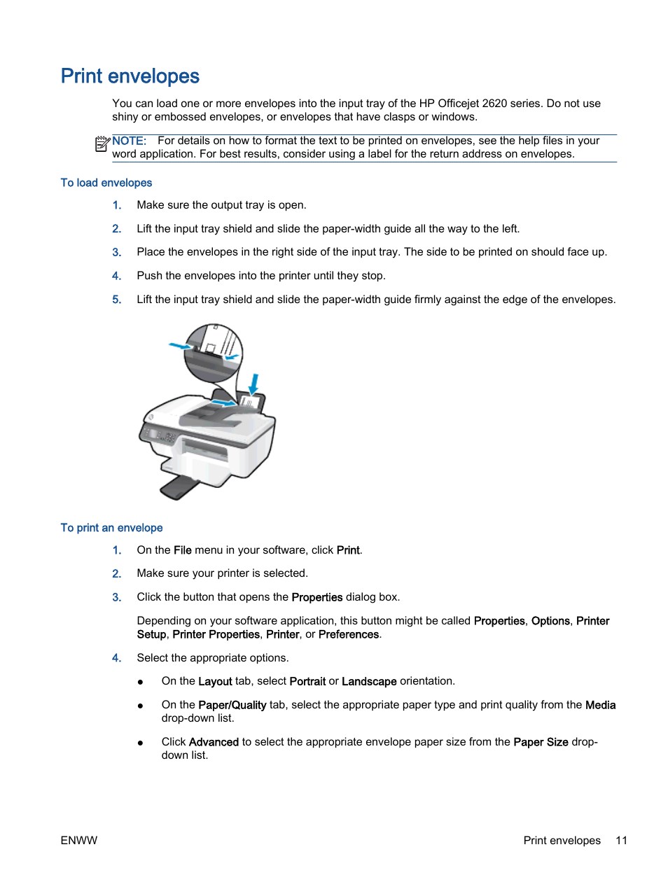 Print envelopes | HP Officejet 2621 All-in-One Printer User Manual | Page 15 / 140