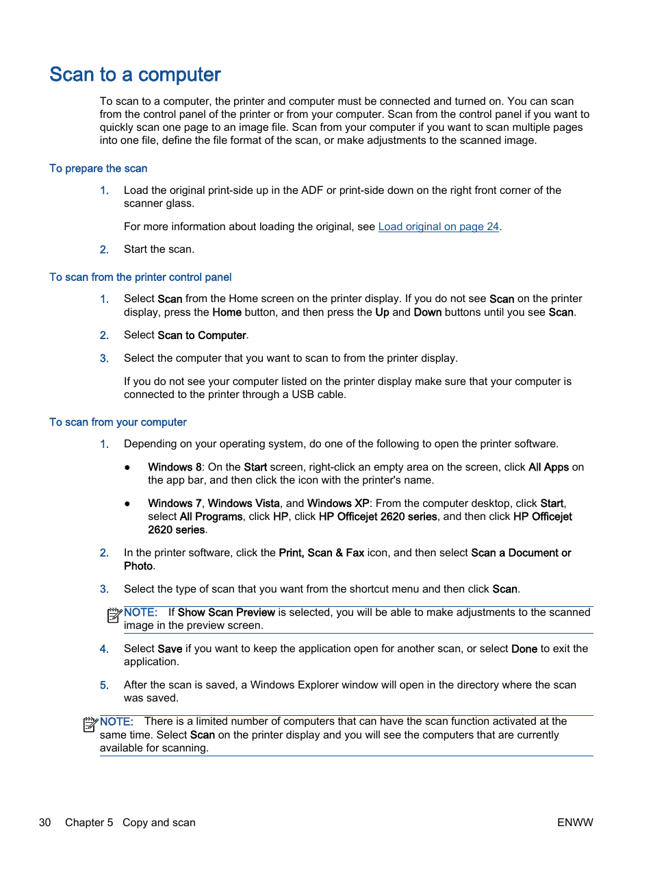 Scan to a computer | HP Officejet 2621 All-in-One Printer User Manual | Page 34 / 140