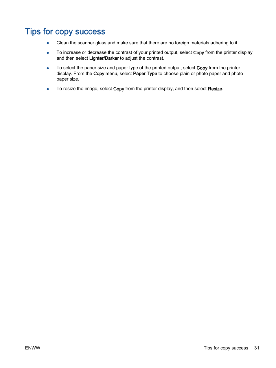 Tips for copy success | HP Officejet 2621 All-in-One Printer User Manual | Page 35 / 140