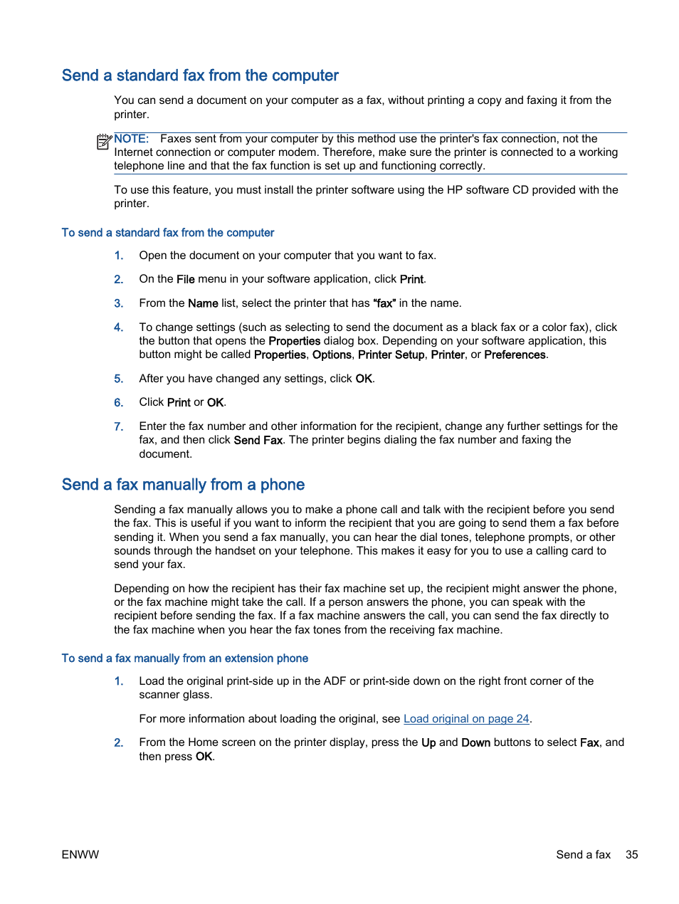 Send a standard fax from the computer, Send a fax manually from a phone | HP Officejet 2621 All-in-One Printer User Manual | Page 39 / 140