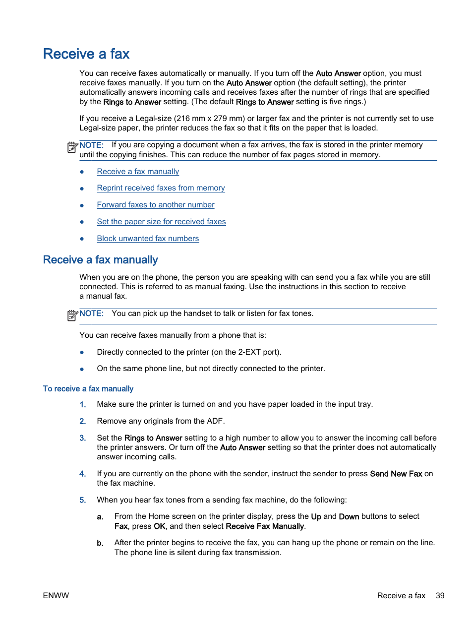 Receive a fax, Receive a fax manually | HP Officejet 2621 All-in-One Printer User Manual | Page 43 / 140