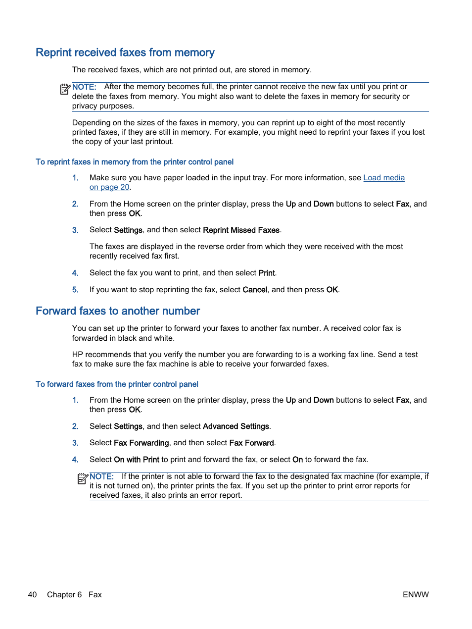 Reprint received faxes from memory, Forward faxes to another number | HP Officejet 2621 All-in-One Printer User Manual | Page 44 / 140