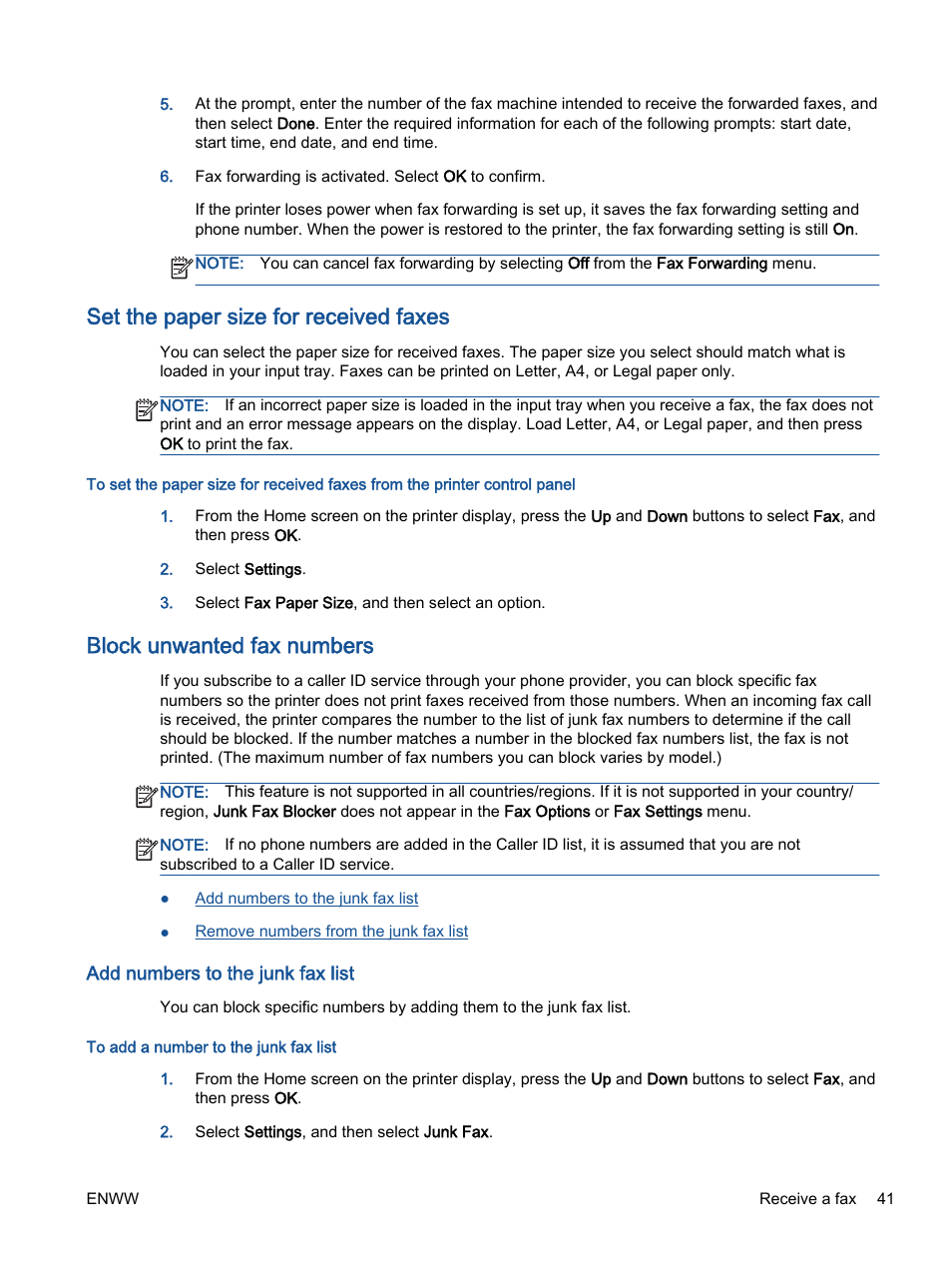 Set the paper size for received faxes, Block unwanted fax numbers, Add numbers to the junk fax list | HP Officejet 2621 All-in-One Printer User Manual | Page 45 / 140