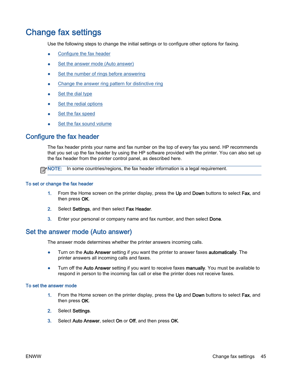 Change fax settings, Configure the fax header, Set the answer mode (auto answer) | HP Officejet 2621 All-in-One Printer User Manual | Page 49 / 140