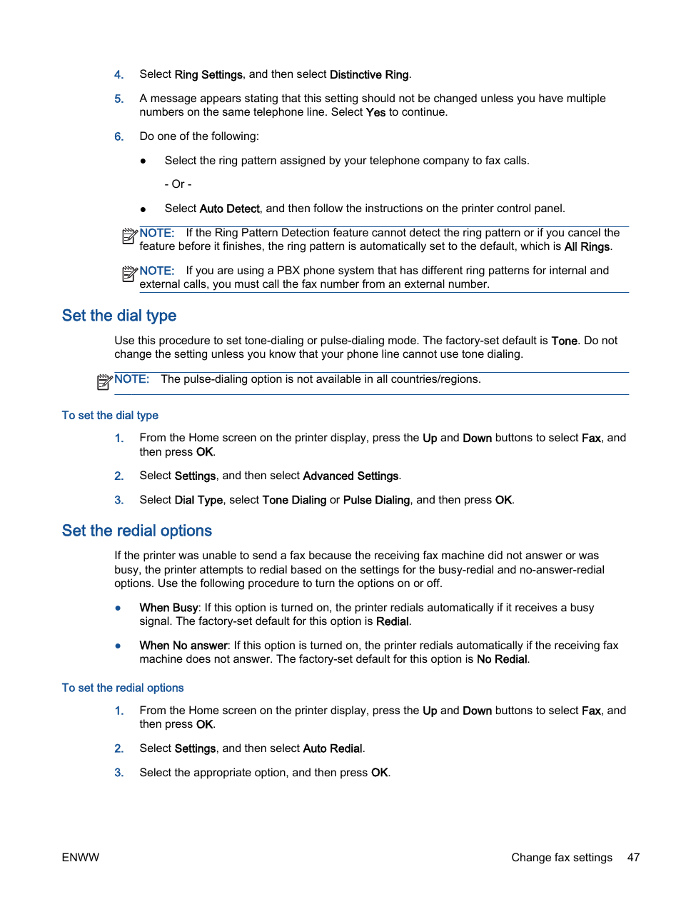 Set the dial type, Set the redial options | HP Officejet 2621 All-in-One Printer User Manual | Page 51 / 140