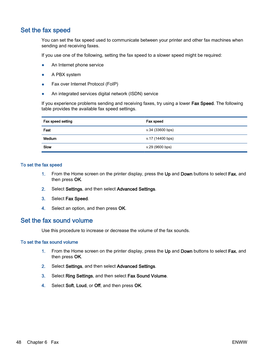 Set the fax speed, Set the fax sound volume | HP Officejet 2621 All-in-One Printer User Manual | Page 52 / 140