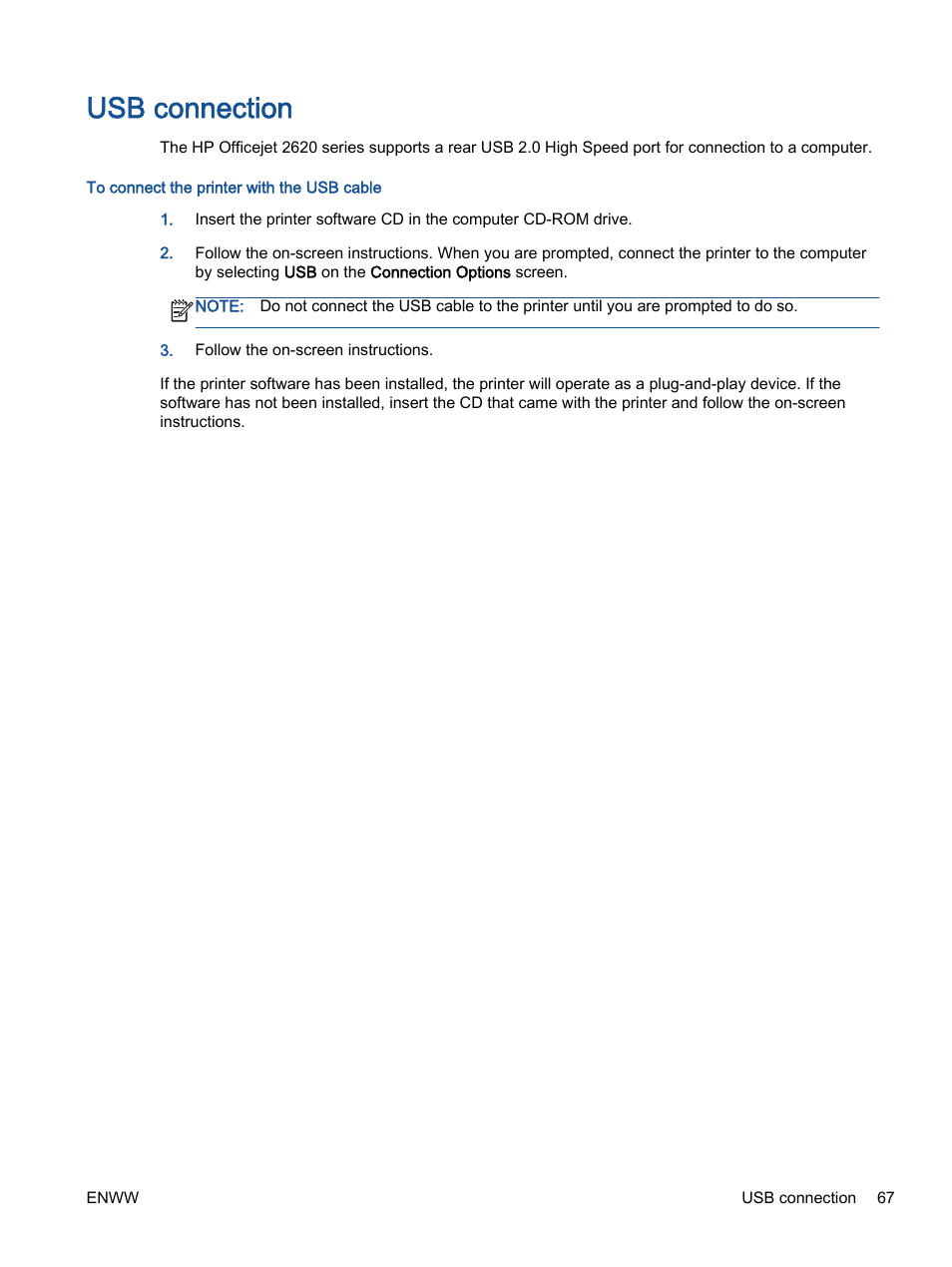 Usb connection | HP Officejet 2621 All-in-One Printer User Manual | Page 71 / 140