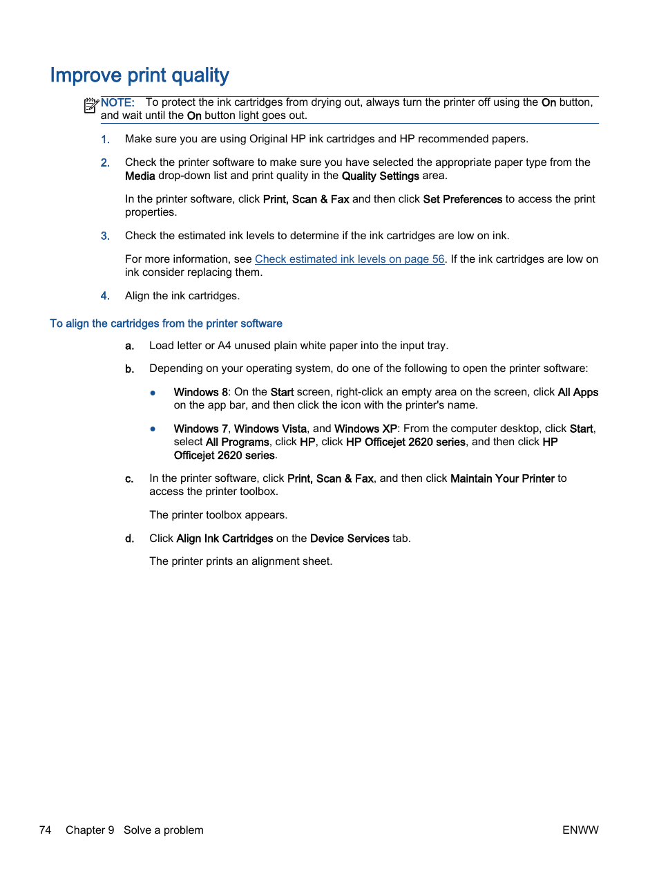 Improve print quality, Improve print | HP Officejet 2621 All-in-One Printer User Manual | Page 78 / 140