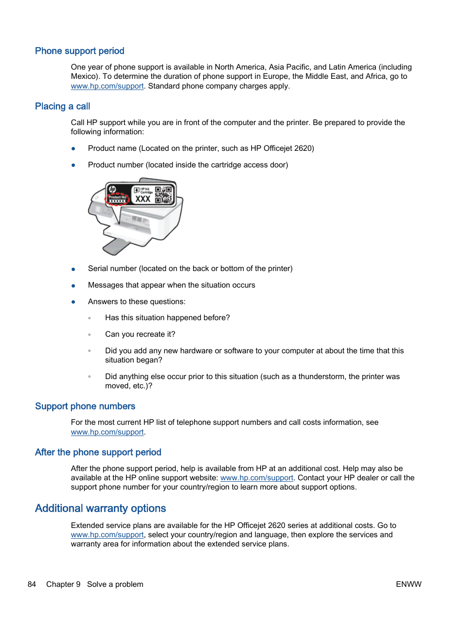 Phone support period, Placing a call, Support phone numbers | After the phone support period, Additional warranty options | HP Officejet 2621 All-in-One Printer User Manual | Page 88 / 140