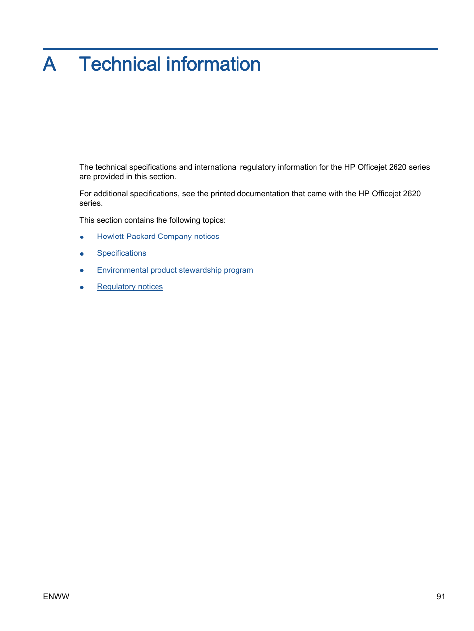 Technical information, Appendix a technical information, A technical information | HP Officejet 2621 All-in-One Printer User Manual | Page 95 / 140