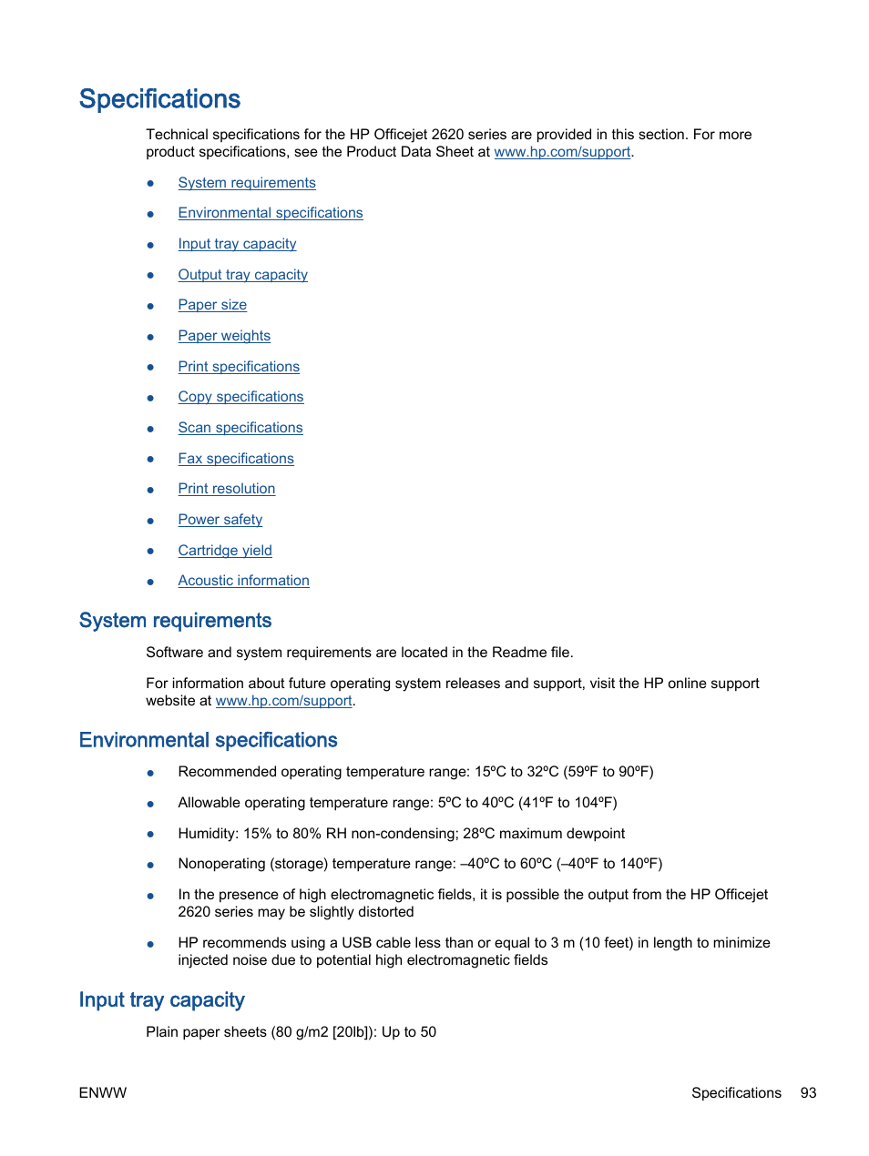 Specifications, System requirements, Environmental specifications | Input tray capacity | HP Officejet 2621 All-in-One Printer User Manual | Page 97 / 140