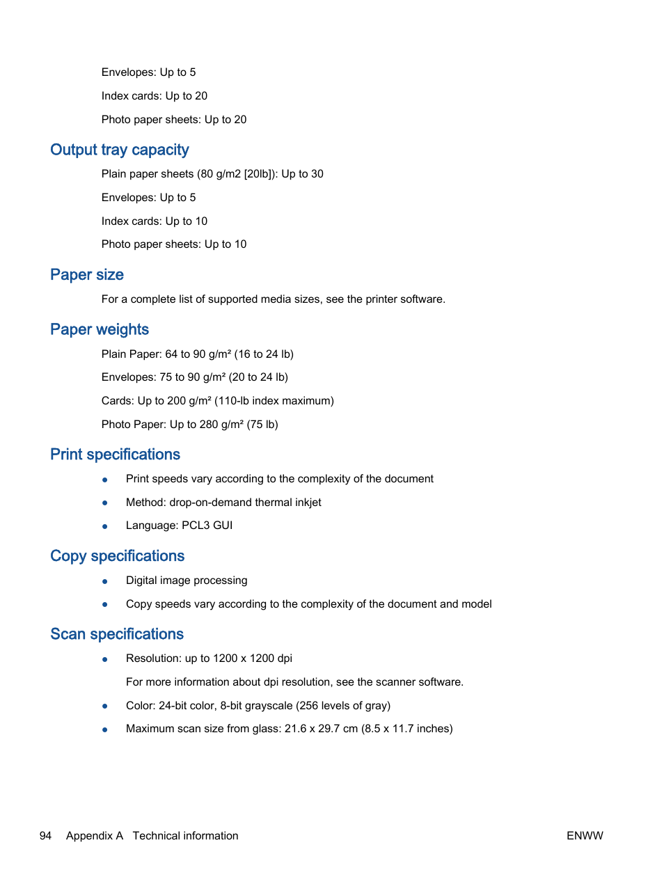 Output tray capacity, Paper size, Paper weights | Print specifications, Copy specifications, Scan specifications | HP Officejet 2621 All-in-One Printer User Manual | Page 98 / 140