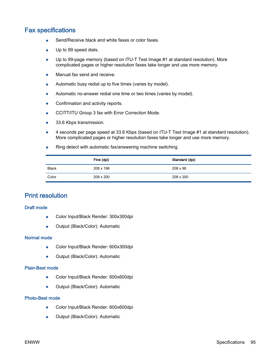 Fax specifications, Print resolution | HP Officejet 2621 All-in-One Printer User Manual | Page 99 / 140