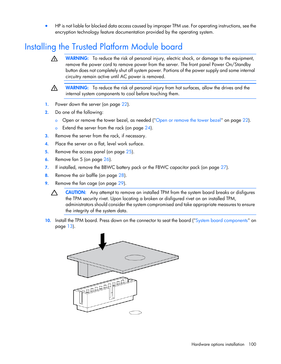 Installing the trusted platform module board | HP ProLiant ML370 G6 Server User Manual | Page 100 / 172