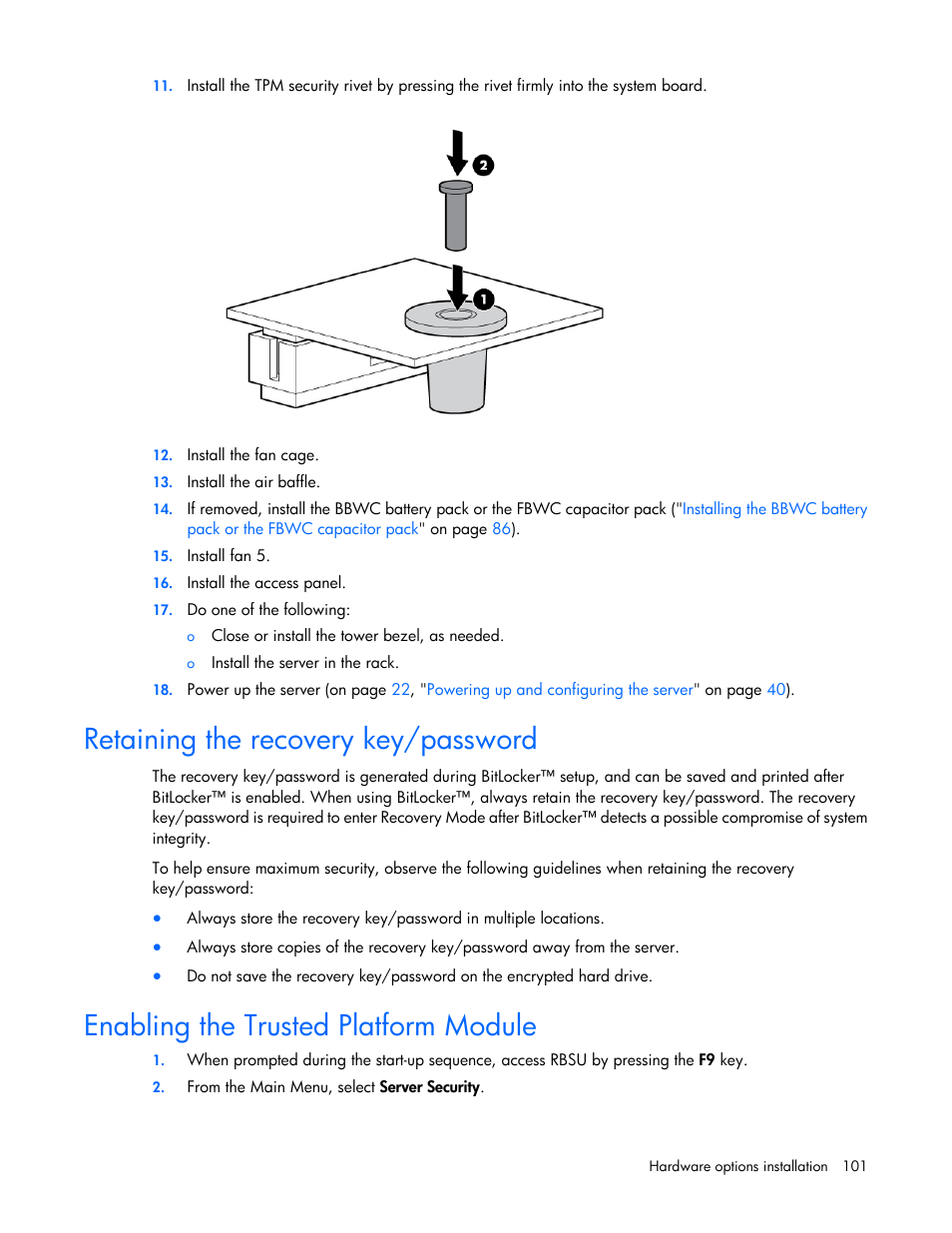 Retaining the recovery key/password, Enabling the trusted platform module | HP ProLiant ML370 G6 Server User Manual | Page 101 / 172