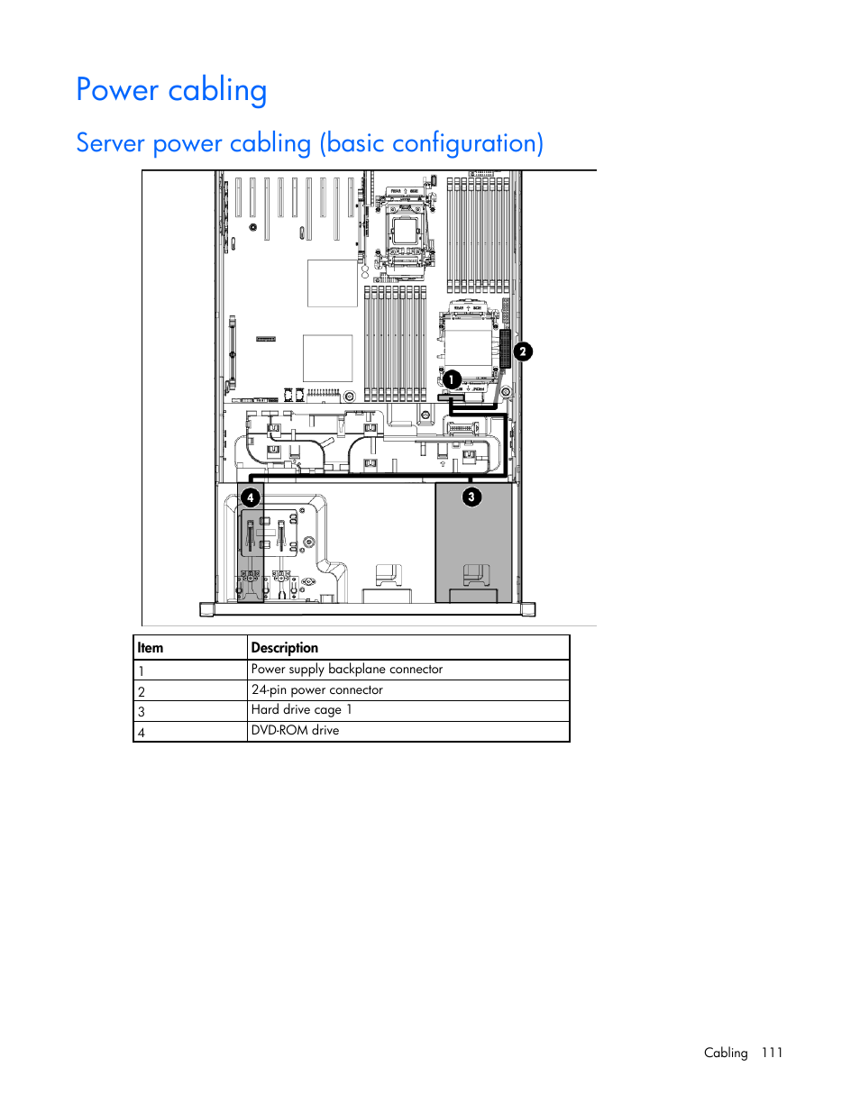 Power cabling, Server power cabling (basic configuration) | HP ProLiant ML370 G6 Server User Manual | Page 111 / 172